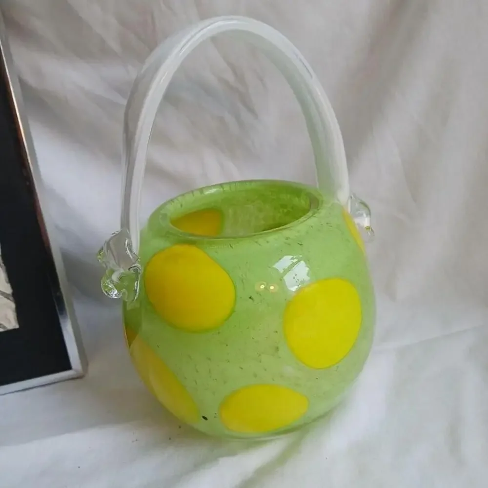Fifth Avenue Crystal Green Glass Basket Yellow Polka Dots